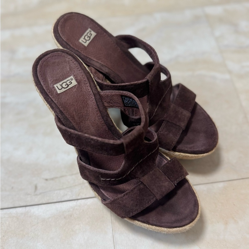 UGG Dark Brown Suede Strappy Wedge Sandals